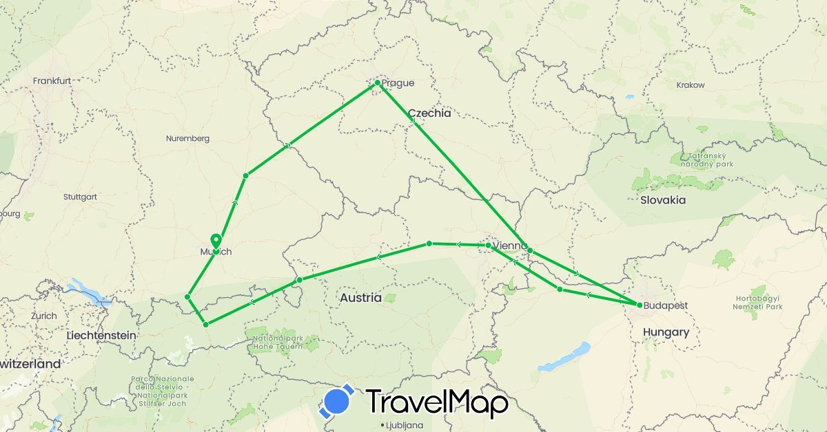 TravelMap itinerary: driving, bus in Austria, Czech Republic, Germany, Hungary, Slovakia (Europe)